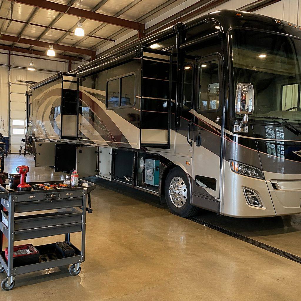 Class A motorhome parked inside a shop bay beside a tool cart