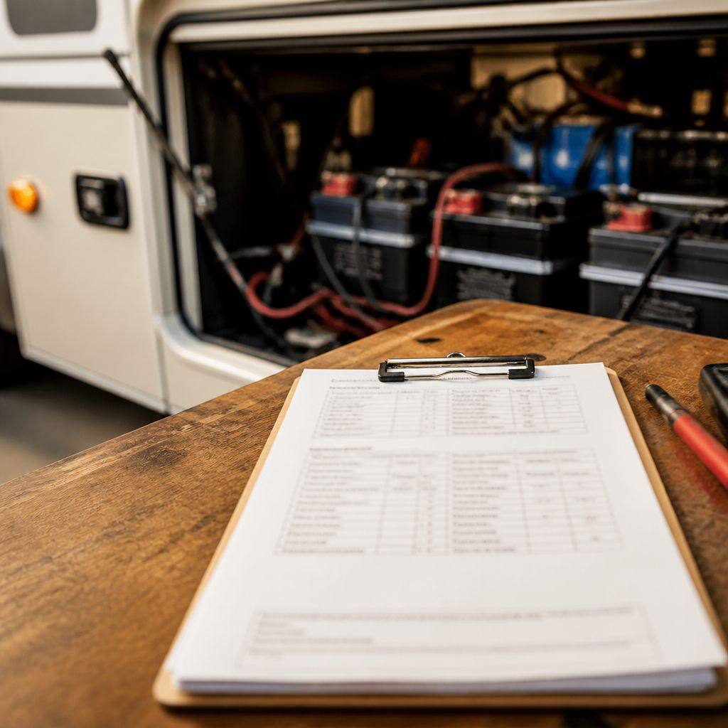 Spec sheet on a clipboard in front of an open battery bay