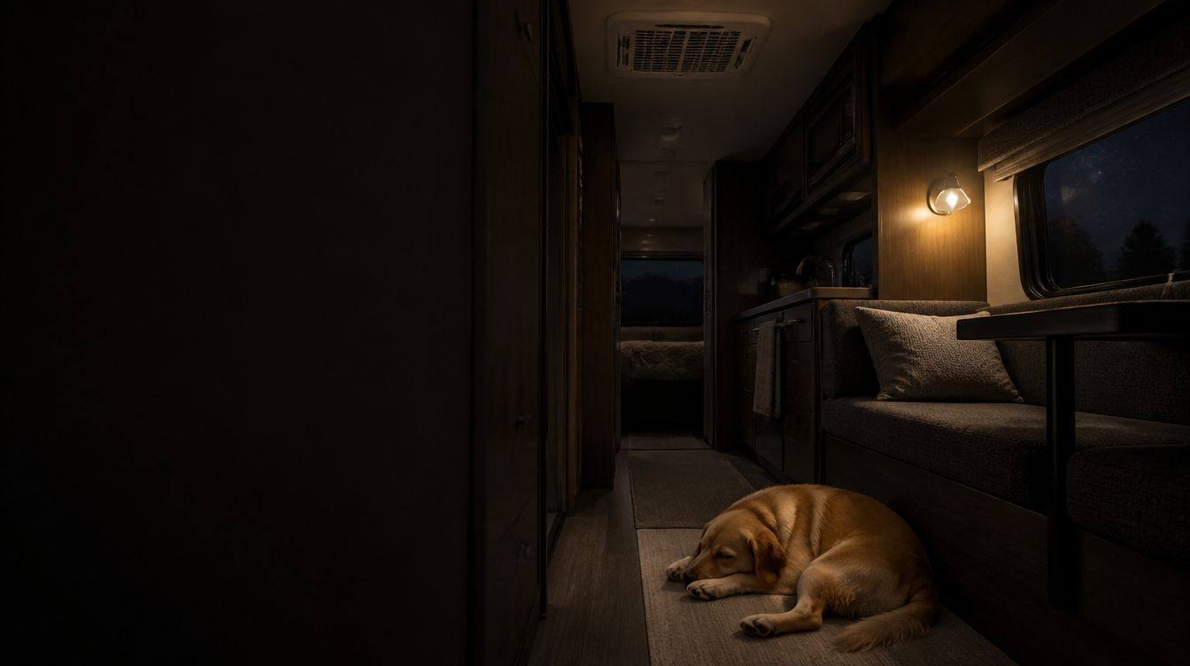Dog asleep on the floor of a dim motorhome interior under a warm lamp