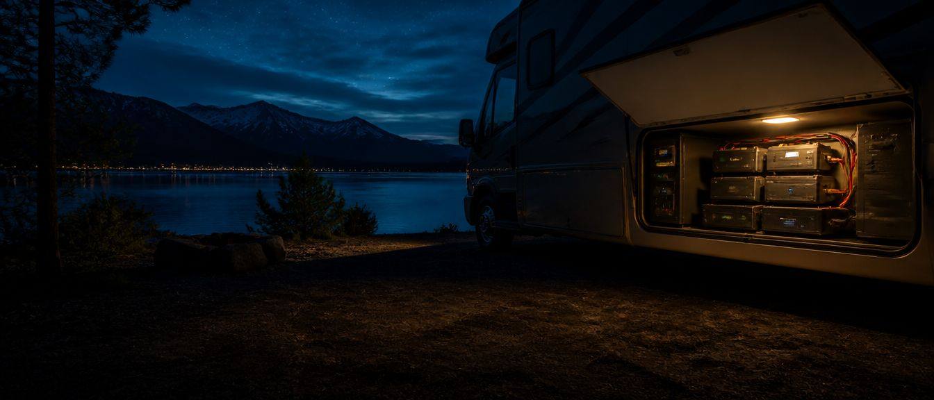 Open battery bay lit up on a motorhome at a lake at night