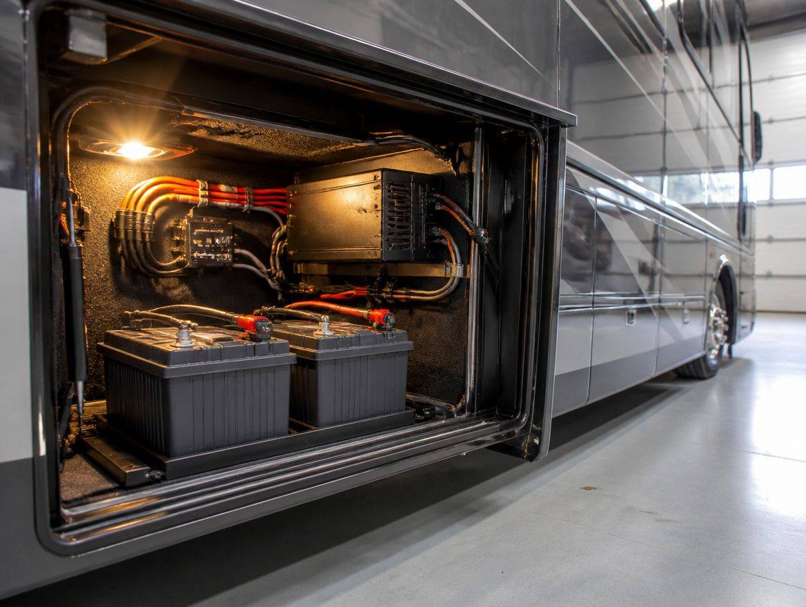 Class A motorhome bay with batteries and inverter installed, parked in a shop